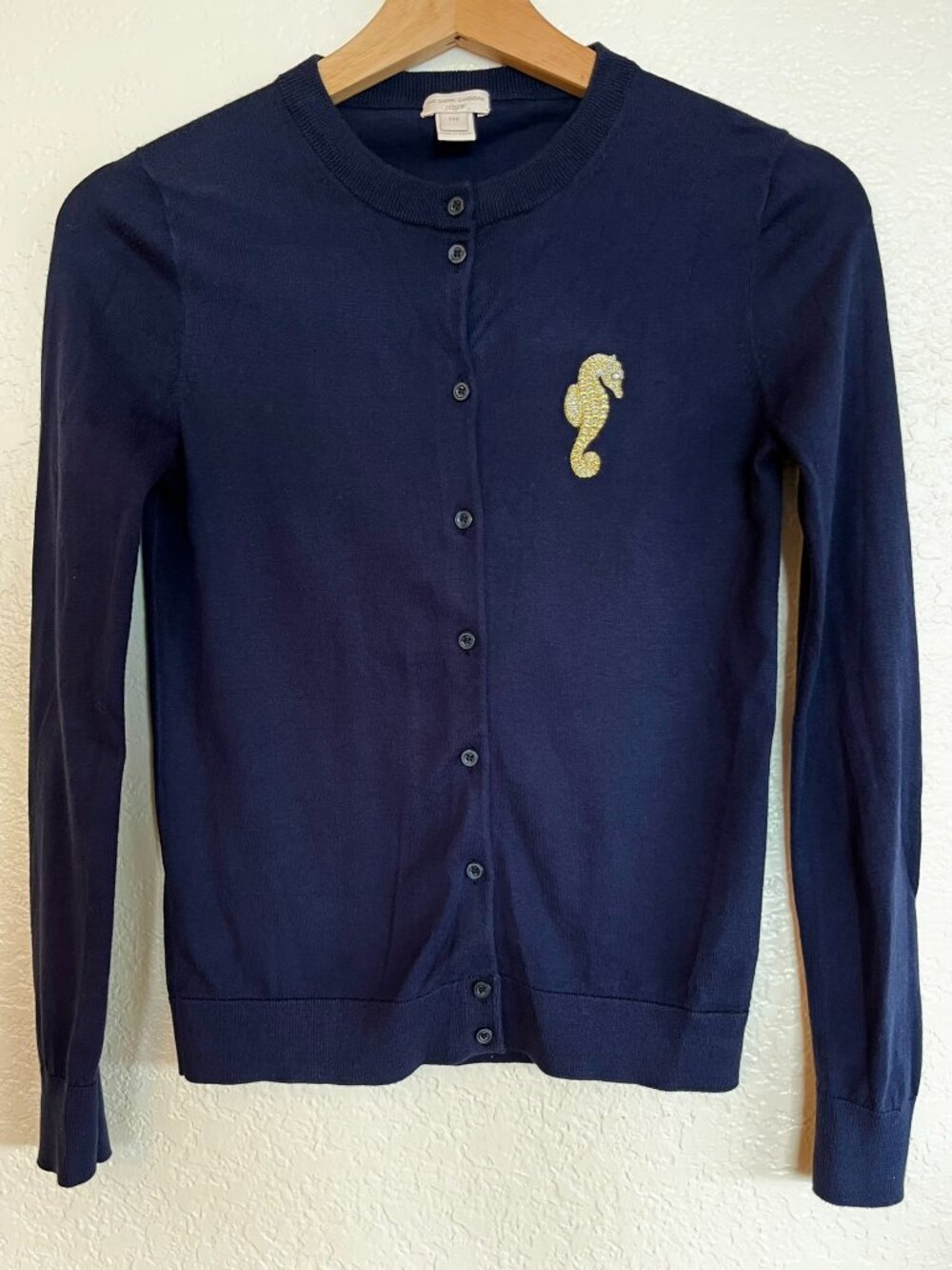J. Crew Navy Blue, Gold Seahorse, Cardigan, Size XXS